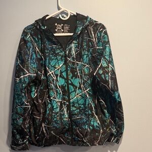 Moonshine Camo Serenity Teal & Black Hooded Utility Jacket with Branch Print